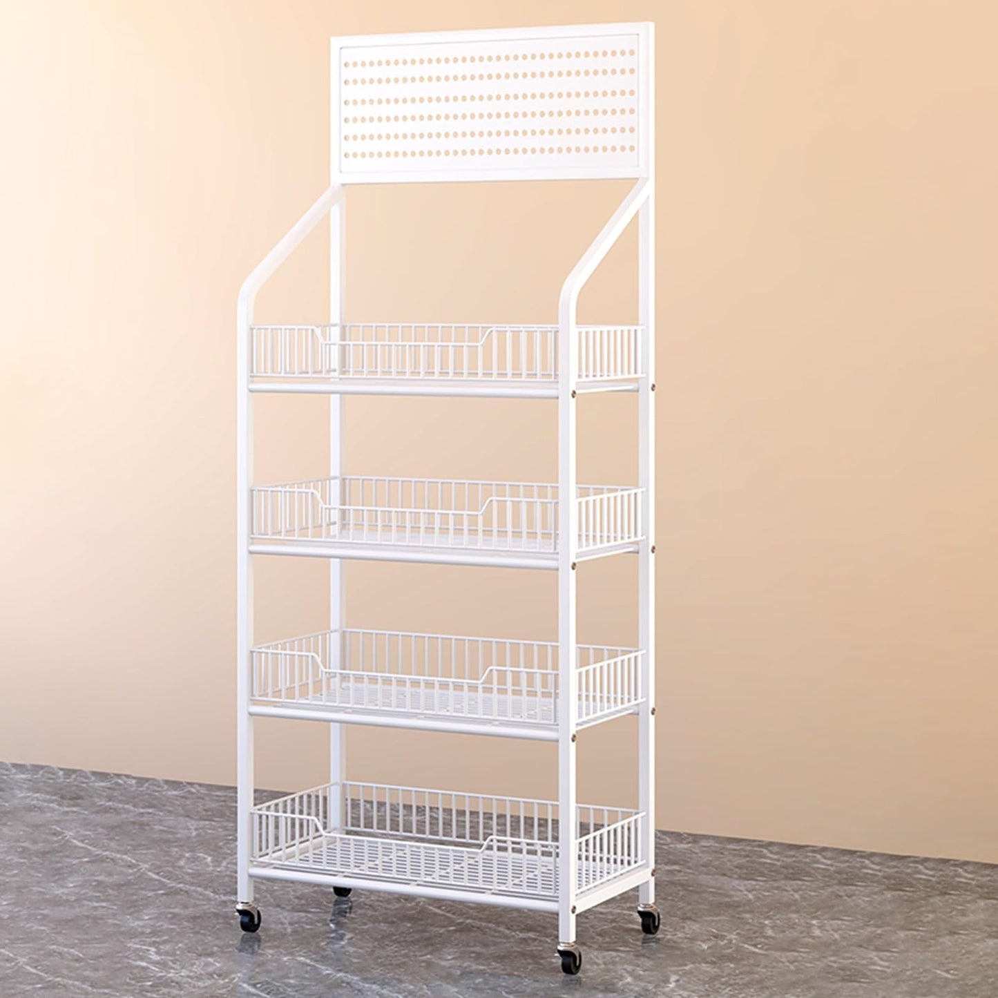 Movable Snacks Fruit and Vegetable Basket Storage Rack, Large Capacity Bakery Convenience Store Supermarket Display Stand, 4-Tier Kitchen Rolling Car(White 50x27x140cm)