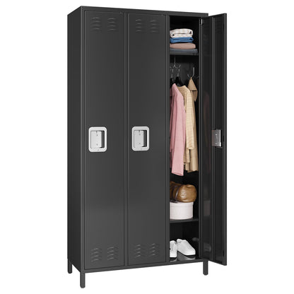 PioneerWorks 3-Door Metal Storage Locker with 9 Hooks, Heavy Duty Steel Locker for Gym, School, Office, Garage, Employee Locker Room, Home Organization, Black, Assembly Required