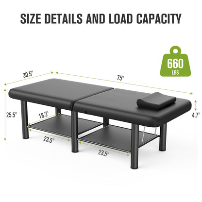 Folding Stationary Massage Table with Backrest and Storage Space for Treatment Table Physical Therapy Table Spa Facial Bed, 6 Round legs Metal Frame PU Leather, 30.5'' Wide × 75'' Long - Black