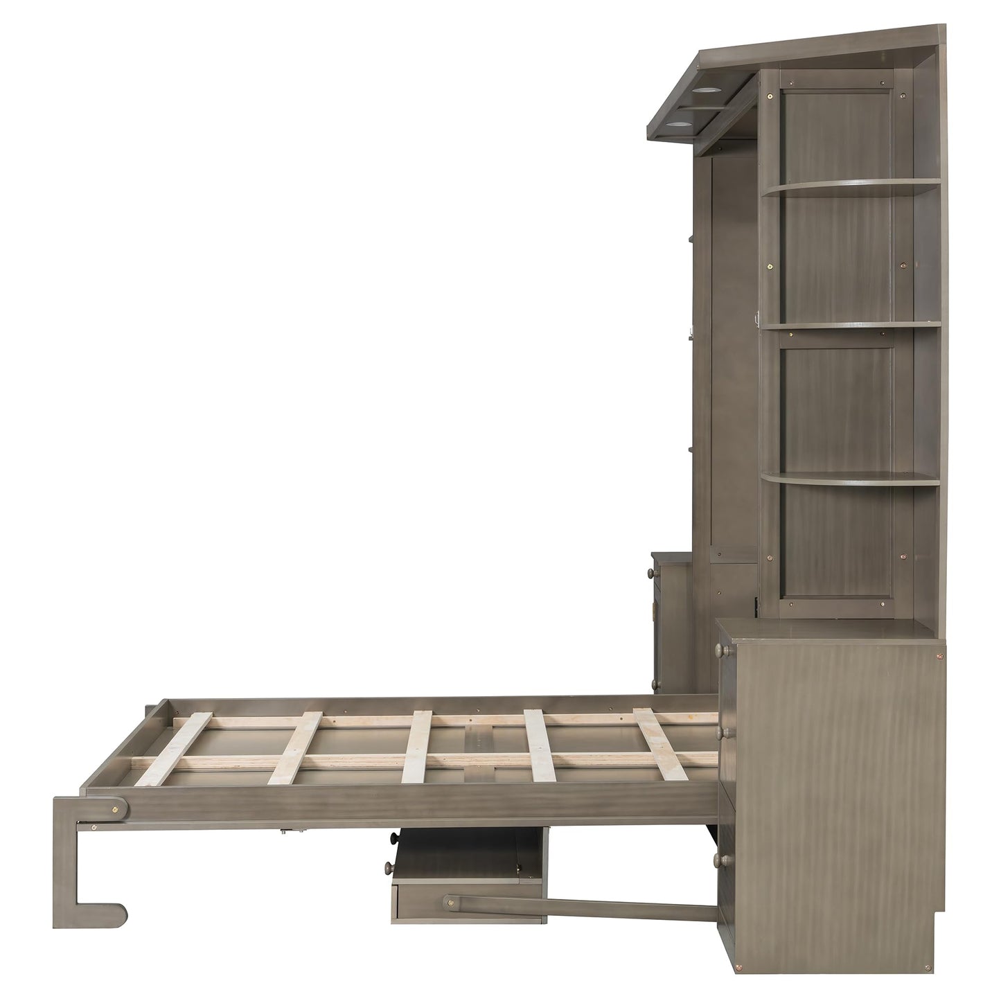 Merax Queen Murphy Bed with Desk and Storage, Hidden Wall Bed with Foldout Workstation, Shelves and Cabinets for Space-Saving Home Office, Gray