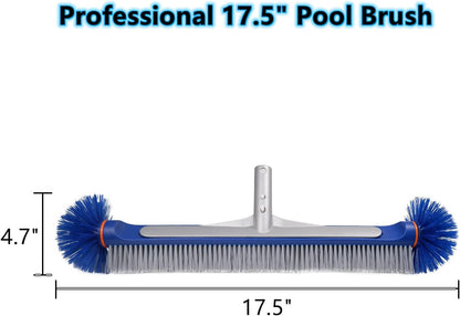 17.5" Poolvio Professional Floor & Wall Pool Cleaning Brush with Tough Around Nylon Bristles, EZ Clip Aluminum Handle