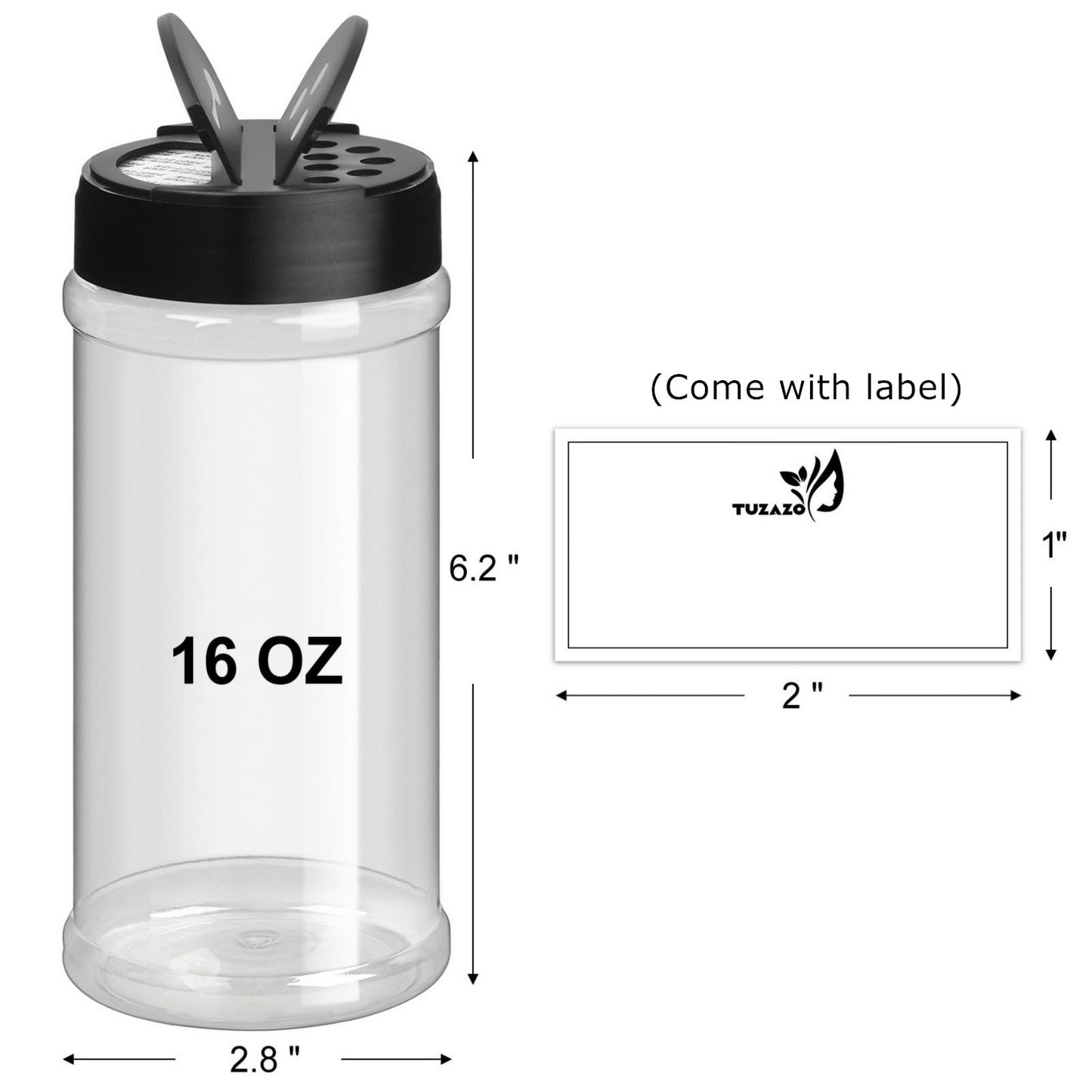 TUZAZO 16 Oz Spice Bottles Plastic Seasoning Containers, 6 PACK Large Plastic Spice Jars with Shaker Lids Empty for Spice & Herbs, Powders, Glitters, BPA Free | Wide Mouth | Dual Flip Tops