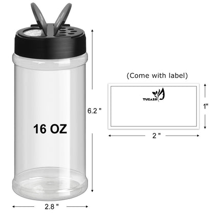 TUZAZO 16 Oz Spice Bottles Plastic Seasoning Containers, 6 PACK Large Plastic Spice Jars with Shaker Lids Empty for Spice & Herbs, Powders, Glitters, BPA Free | Wide Mouth | Dual Flip Tops