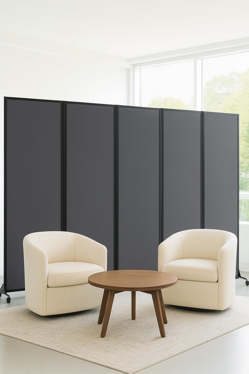 Versare Easy Wall Folding Room Divider | Freestanding Office Partitions | Classroom Dividers | Locking Wheels | Portable Room Separator | 14' Wide x 6' Tall Charcoal Gray Fabric Panels