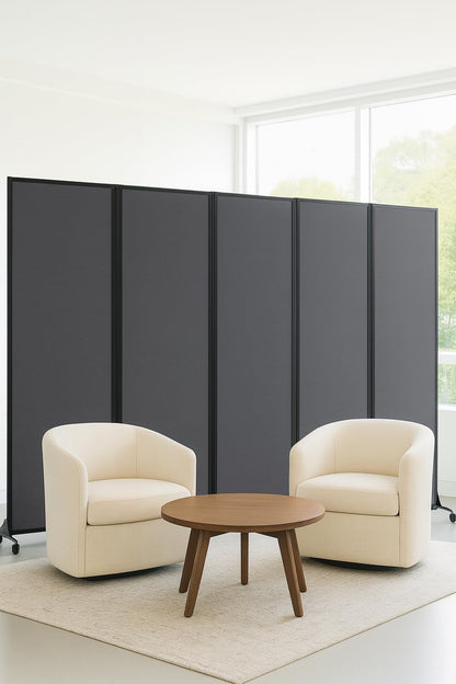 Versare Easy Wall Folding Room Divider | Freestanding Office Partitions | Classroom Dividers | Locking Wheels | Portable Room Separator | 14' Wide x 6' Tall Charcoal Gray Fabric Panels