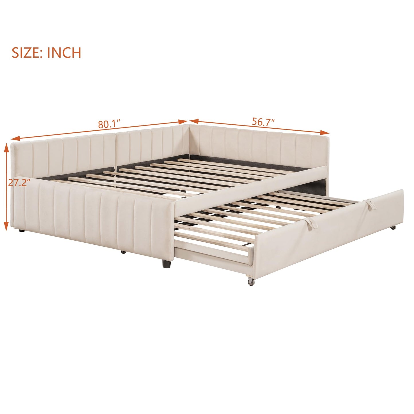 Full Size Upholstered Daybed with Pop up Trundle Bed,Velvet Day Bed Frame with L-Shaped Backrest,Pop up Trundle Full Size,Tufted Sofa Bed for Bedroom,Living Room,Guest,Beige