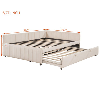 Full Size Upholstered Daybed with Pop up Trundle Bed,Velvet Day Bed Frame with L-Shaped Backrest,Pop up Trundle Full Size,Tufted Sofa Bed for Bedroom,Living Room,Guest,Beige