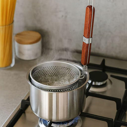 Mesh Pasta Basket Food Strainer Insert For Pot, Colander with Round Wooden Handle Stainless Steel Mesh Spider Strainer for Pasta Noodles Dumpling Vegetable (7 Inches)