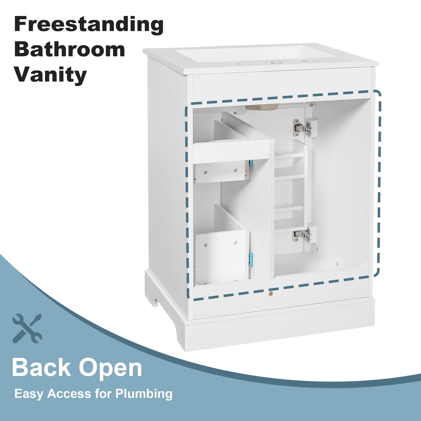 Bathroom Vanity with Sink 24 Inch, Tip-Out Drawer and Door Rack, Adjustable Shelf, Soft-Closing Drawers and Door, White