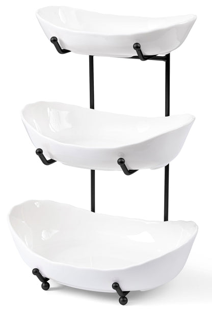 HBlife Fruit Bowl for Kitchen Counter - 3 Tier Ceramic Fruit Rack, Fruit Basket for Fresh Fruit&Veggies, Tiered Fruit Platter Serving Trays for Party
