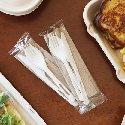 World Centric Compostable TPLA Assorted Cutlery, Wrapped with 6" Napkin (Pack of 250), Forks, Spoons and Knives, Made from Plants and Minerals, White Bioplastic Utensils, Strong, Heat Resistant