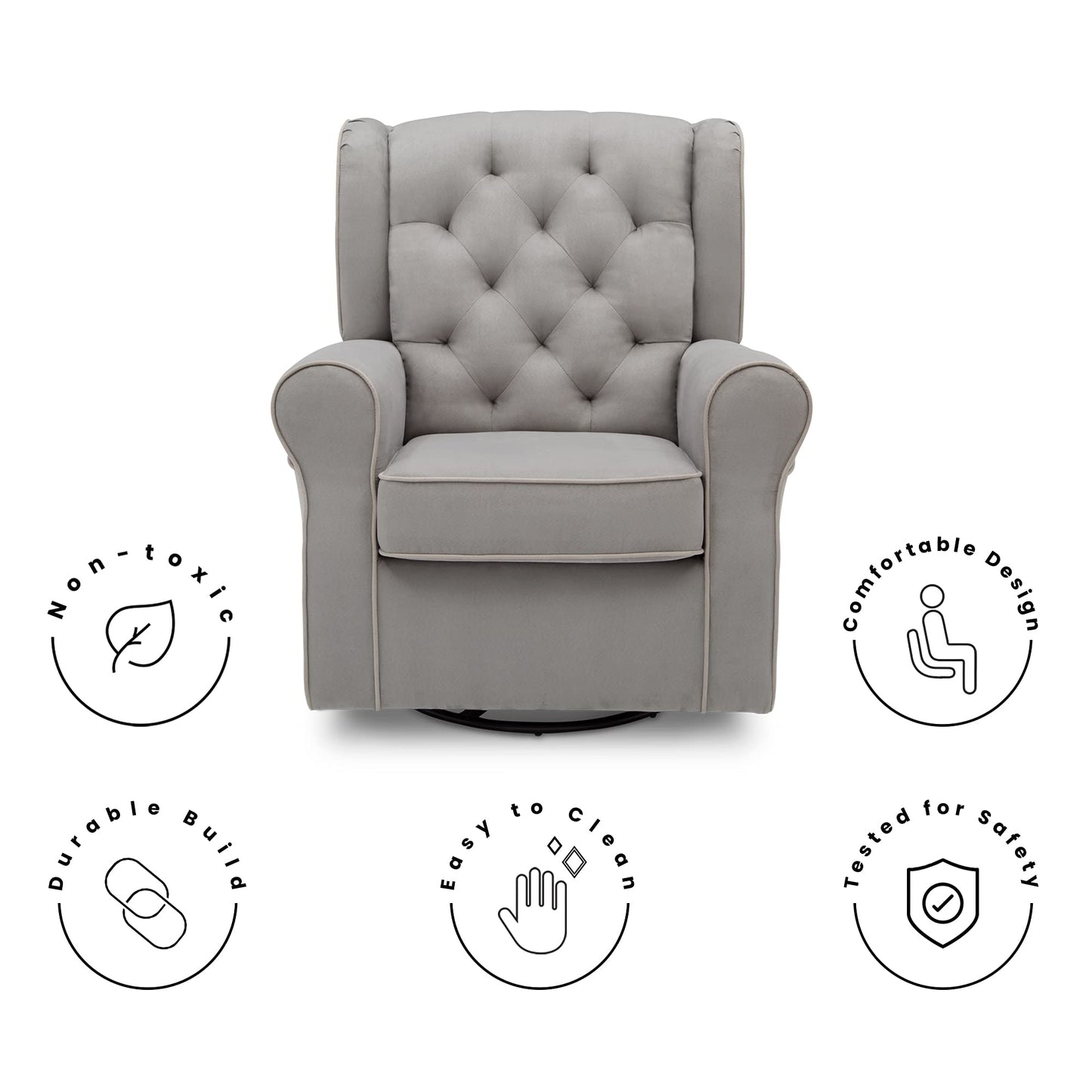 Delta Children Emerson Upholstered Glider Swivel Rocker Chair, Dove Grey with Soft Grey Welt