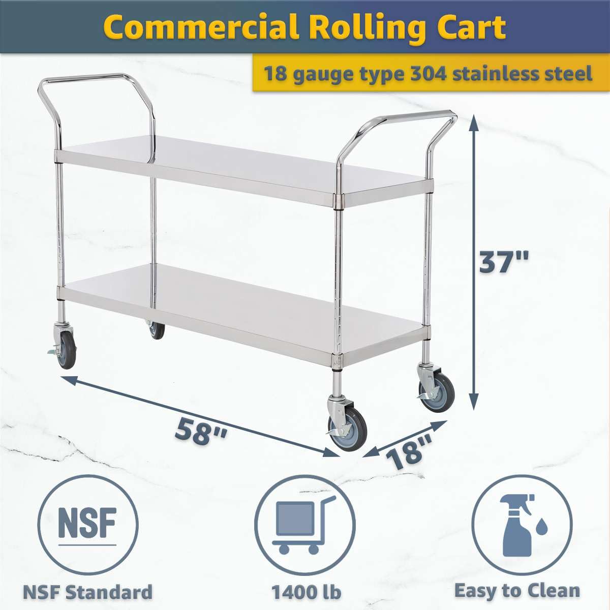 18" x 58" x 37" Stainless Steel Two Shelf Utility Cart - Commercial Heavy-Duty NSF Service Cart with Handles, Storage Rolling Shelving for Warehouse, Office, Food Service
