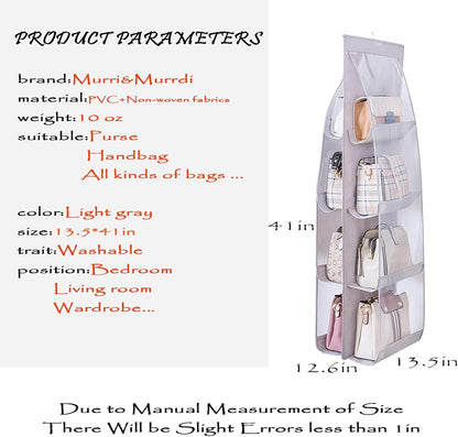 MURRI&MURRDI 1 Pack Hanging Handbag Organizer (Gray) for Closet, Purse Storage Holder with 8 Clear PVC Pockets