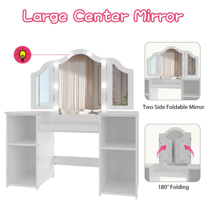Garvee Kids Vanity Table, Princess Makeup Desk & Chair Set Withtouch Light Detachable Tri-Folding Mirror, Open Storage Shelves, Wooden Girls Vanity Dressing Table, Pretend Play Vanity Set for Toddler