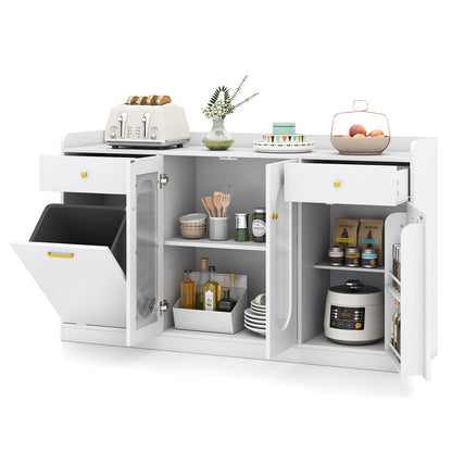 Giantex 55" Farmhouse Buffet Cabinet, Large Credenza w/Hidden Tilt Out Trash Can, 2 Glass Doors, 2 Drawers & Adjustable Shelves, Modern Sideboard Coffee Bar Cabinet for Kitchen, Dining Room (White)