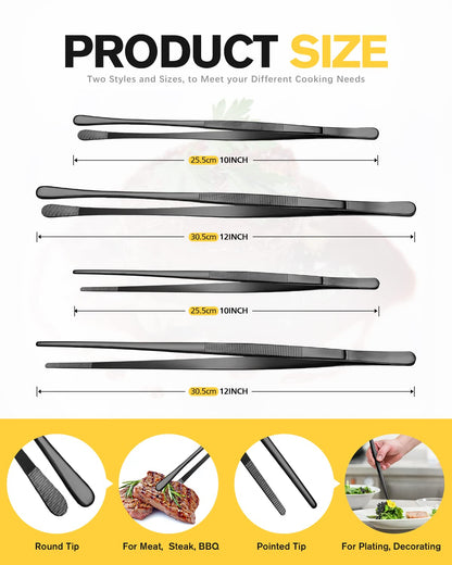 4 Pcs Fine Long Tweezer Tongs Professional Black, 12'' and 10'' Stainless Steel for Kitchen, Food, Cooking, Repairing, Sea food and BBQ