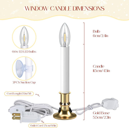Skiennix Christmas Electric Window Candle Lights - 2 Pack with Gold Base & 6FT Cord | Clear Bulb & Suction Cups