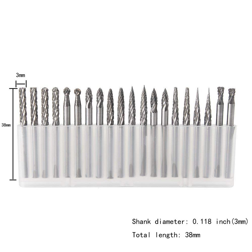 YUFUTOL 20pcs Solid Carbide Burr Set 0.118‘’（3mm）shank Tungsten Carbide Rotary Files Burrs with 3mm Cutting Head diameter Fits Most Rotary Drill Die Grinder for Woodworking,Engraving,Drilling,Carving