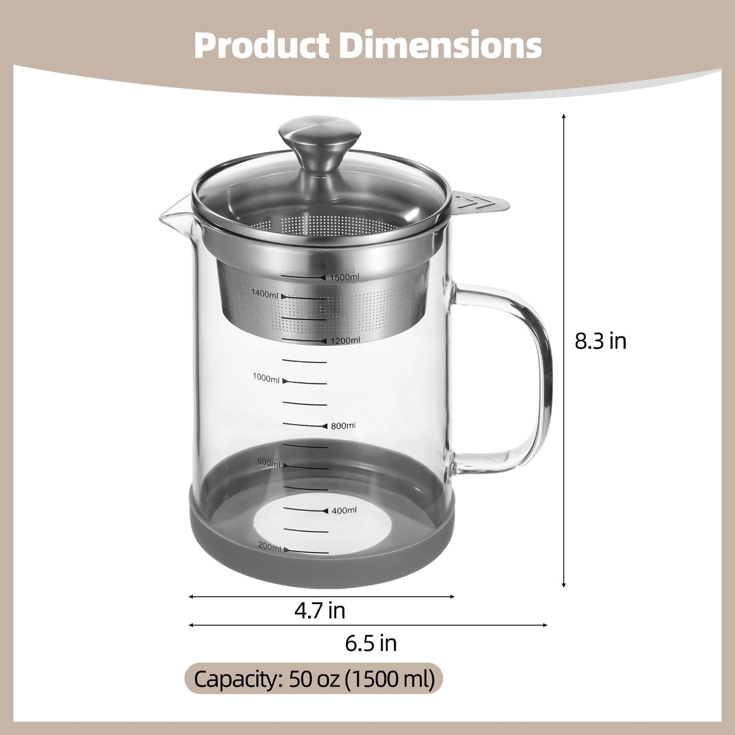 Greek Yogurt Strainer, 50 oz Nut Milk Strainer, Juice Food Strainer, Glass Teapot with Mesh Strainer, Iced Tea Pitcher, 1500 ml Heat & Cold Resistant High Borosilicate Glass Jug with Handle and Lid