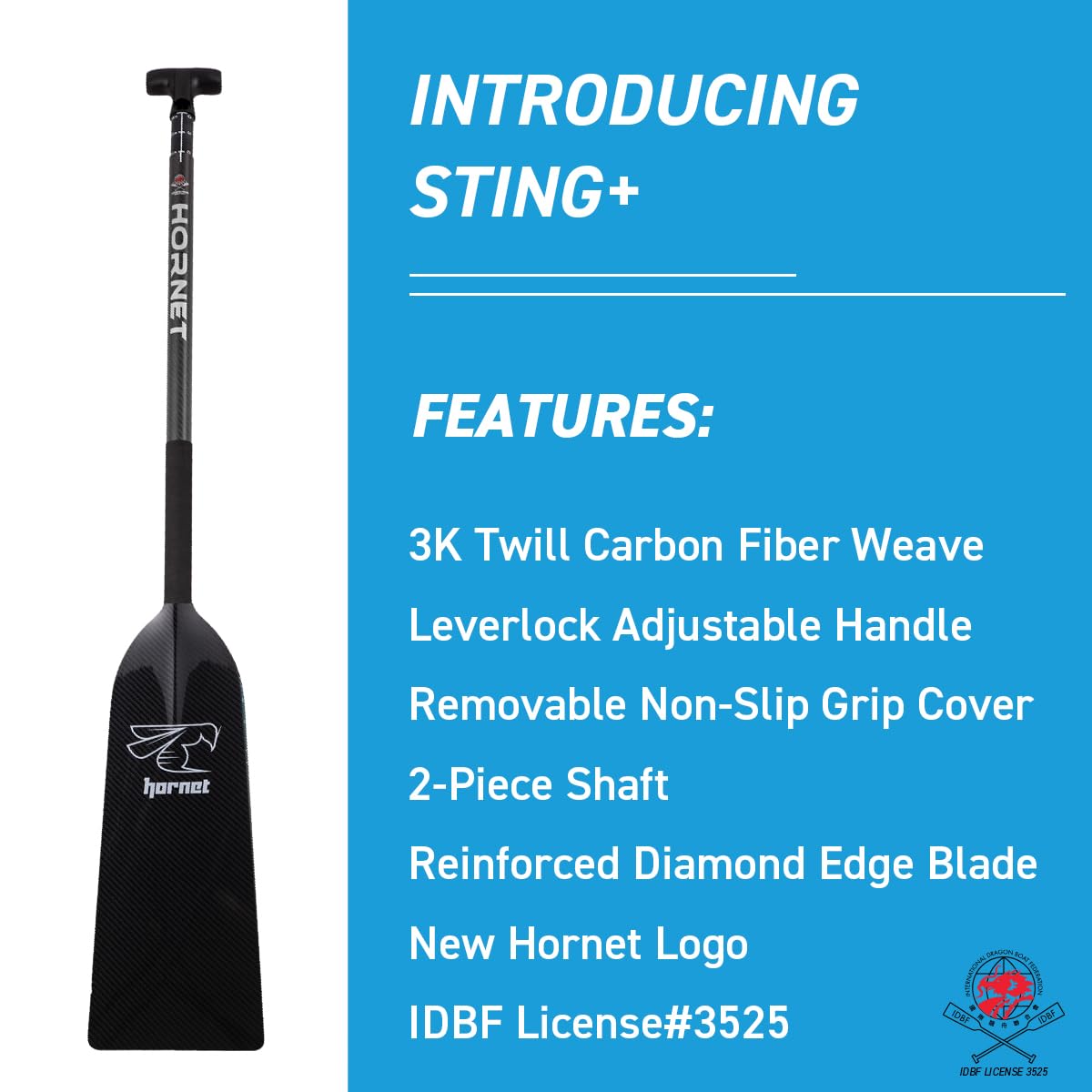 Hornet Watersports Dragon Boat Paddle - Black Glossy- Adjustable Carbon Fiber Dragon Boat Paddle - IDBF Approved - Dragon Boat Accessories (Leverlock Adjustable)