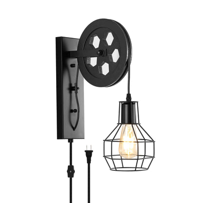 BAODEN Plug in Wall Sconce Rustic Wall Light Lift Pulley Matte Iron Cage Shade Metal Black Industrial Mid Century Wall Lamp Indoor Lighting Barn Restaurant