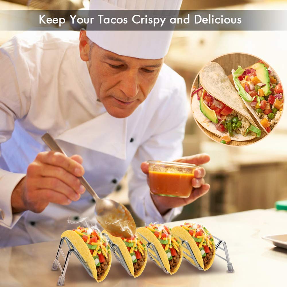 Stainless Steel Taco Holders 2-Pack, Holds 4 Tacos Each, Grill & Oven Safe Taco Shell Stands for Taco Bar Gifts & Accessories, Dishwasher Safe