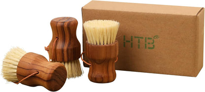 3PCS Set Teak Dish Scrub Brush by HTB, Good Grip Small Wooden Dish Brush with Teak Handle & Sisal Bristles for Kitchen