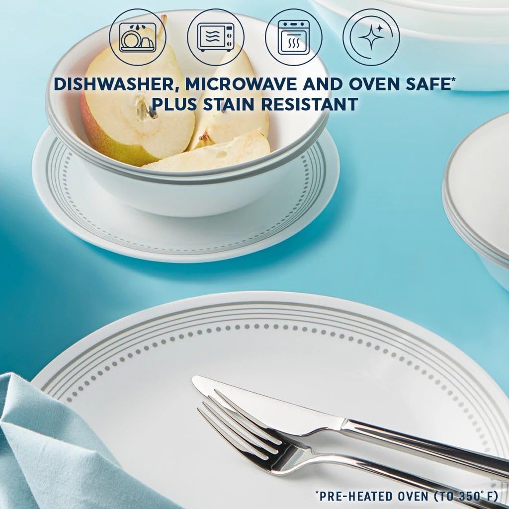 Corelle Vitrelle 18-Piece Service for 6 Dinnerware Set Triple Layer Glass and Chip Resistant, Lightweight Round Plates and Bowls Set, Mystic Gray