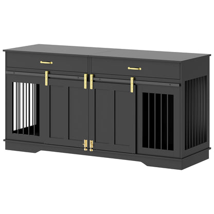 GarveeHome 71'' Double Wooden Dog Crate Furniture for 2 Dogs, with Removable Divider, Sliding Door & 2 Drawers, Decorative TV Stand for Living Room, Fits Small Medium Large Dogs