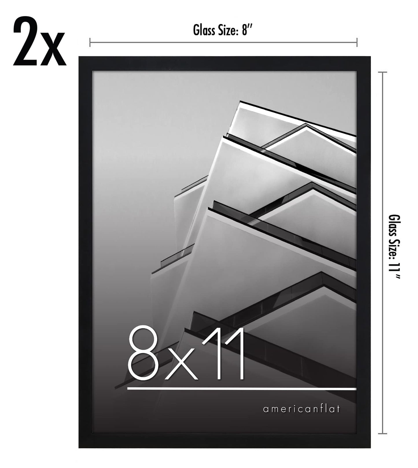 Americanflat 8x11 Picture Frame with Shatter-Resistant Glass - Set of 2 - Streamline Collection - Thin Border Photo Frame for Tabletop and Wall - Hanging Hardware and Easel Stand Included - Black