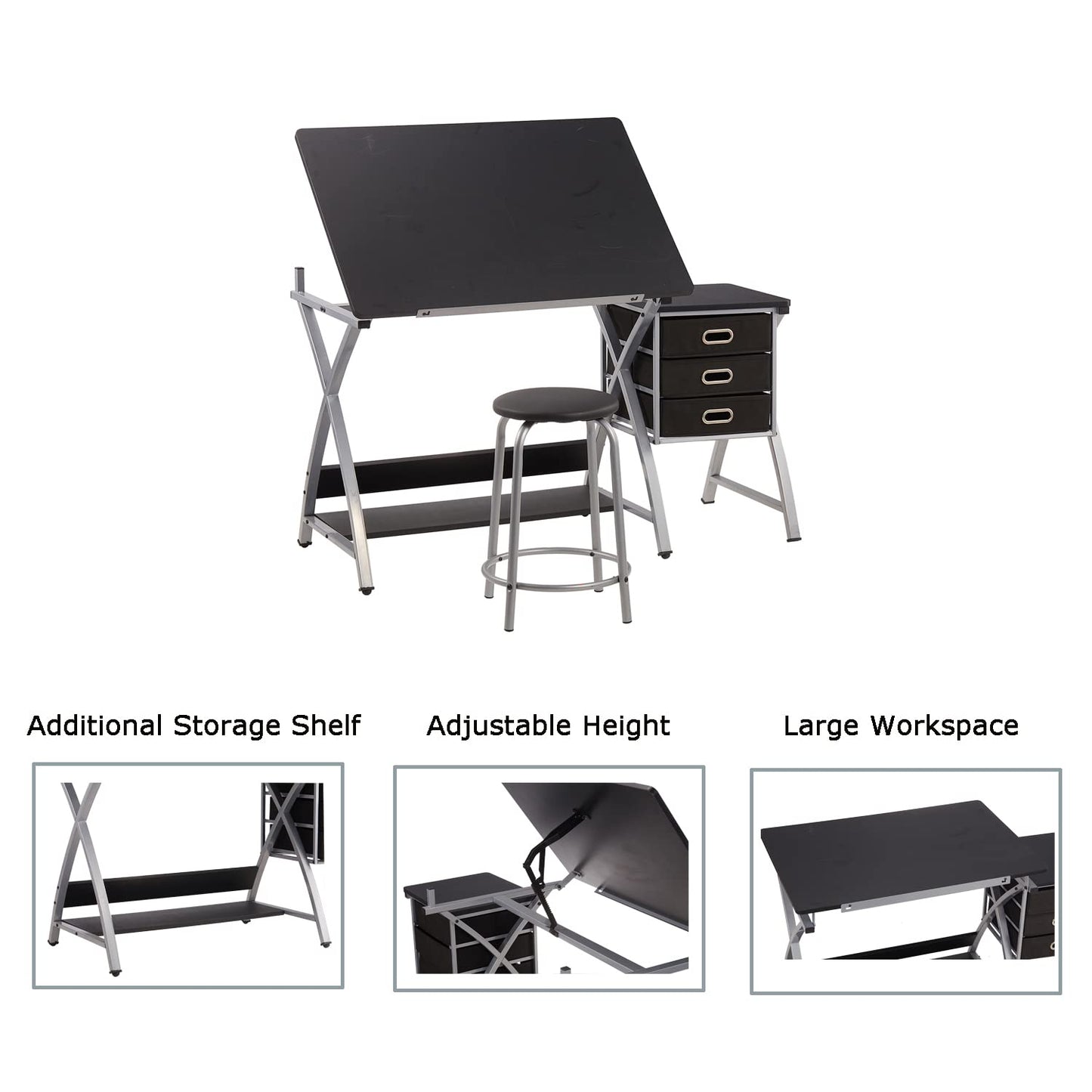 Adjustable Drafting Table for Artists with Stool, Sturdy X-Cross Metal Frame Drawing Table with Storage Drawers, Art Desk with Tilted Tabletop, Craft Station Writing Computer Desk, Black
