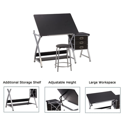 Adjustable Drafting Table for Artists with Stool, Sturdy X-Cross Metal Frame Drawing Table with Storage Drawers, Art Desk with Tilted Tabletop, Craft Station Writing Computer Desk, Black