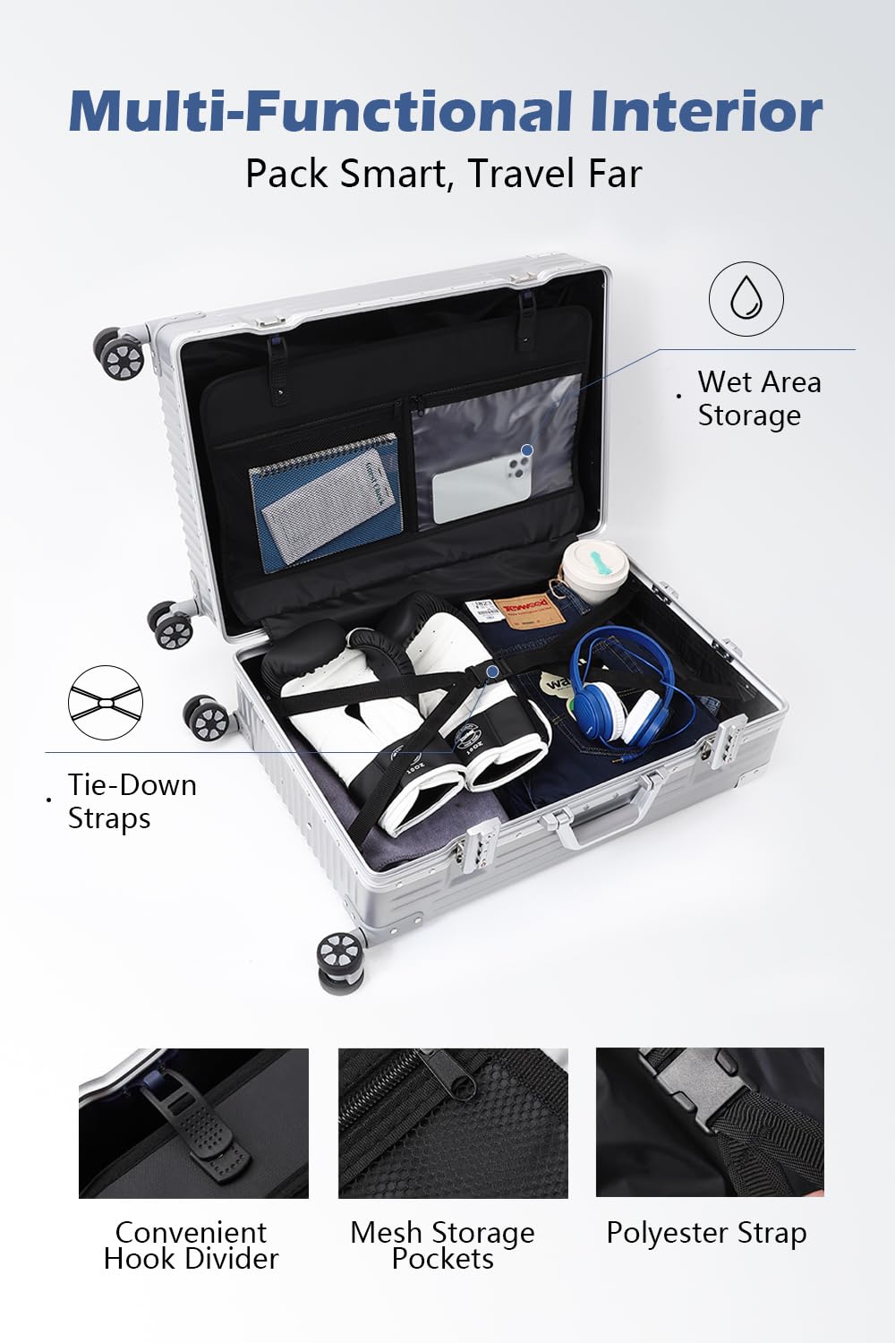 HotWay 28 Inch All Aluminum Checked In Luggage, Hard Shell Suitcase with Spinner Wheels and TSA Lock, Large Suitcase for Business Travel