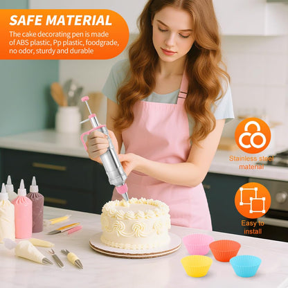 Dessert Decorating Syring-e Set,Frosting Piping Kit,Stainless Steels Cake Decora ting Kit with 6 Pipings Tips & 12 silicone cupcakes,Cupcake Decorating Kit Piping Bags and Tips Set