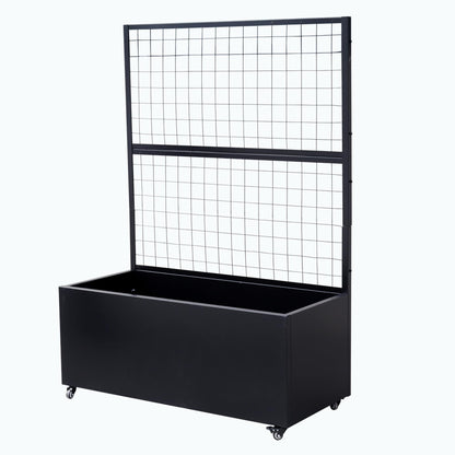 Metal Rolling Planter Box with Lattice Trellis – Modern COR-Ten Steel Trough on Casters | 66” x 46” x 21” (Black)