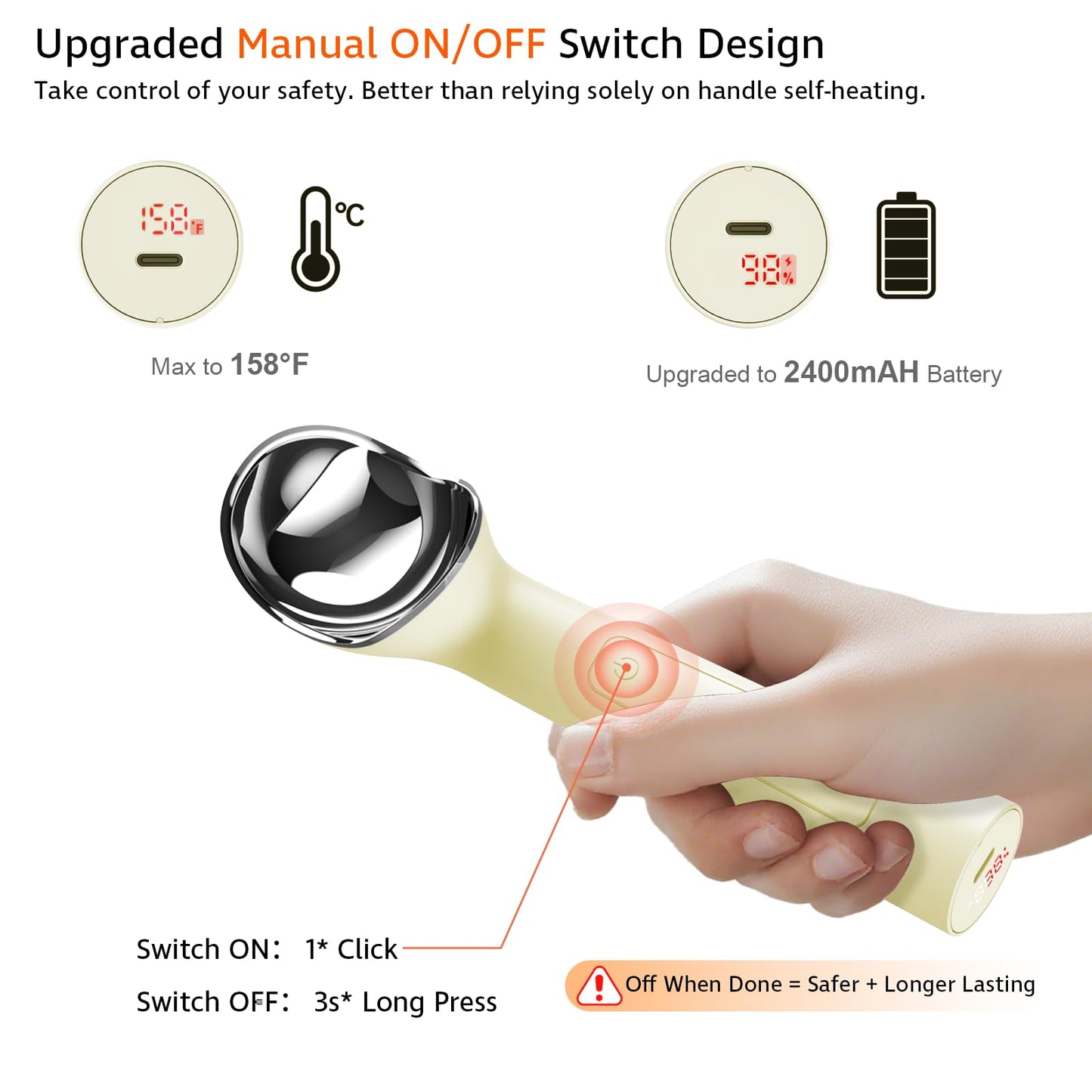 Cloukily Heated Ice Cream Scoop with ON/OFF Switch(Latest Gen 3.0): Rechargeable Electric Icecream Scooper with Holder,2025 Kitchen Gadgets for Hard Ice Cream, Waterproof IP67,Max to 158℉