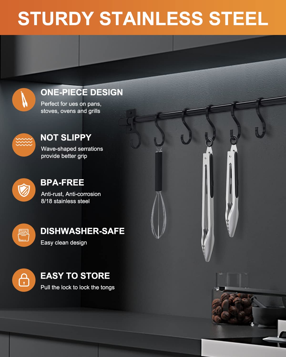 Bnlcd Cooking Tongs with Teeth, Premium Stainless Steel Kitchen Tongs Set of 2-9" and 12", Heavy Duty Locking Metal Food Tongs with Non-Slip Grip - Black