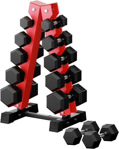 RITFIT Rubber Hex Dumbbells Set with Rack, 350LB Red Heavy-Duty Cast Iron Core, Knurled Chrome Handle, Space-Saving Storage Rack for Home Gym Strength Training
