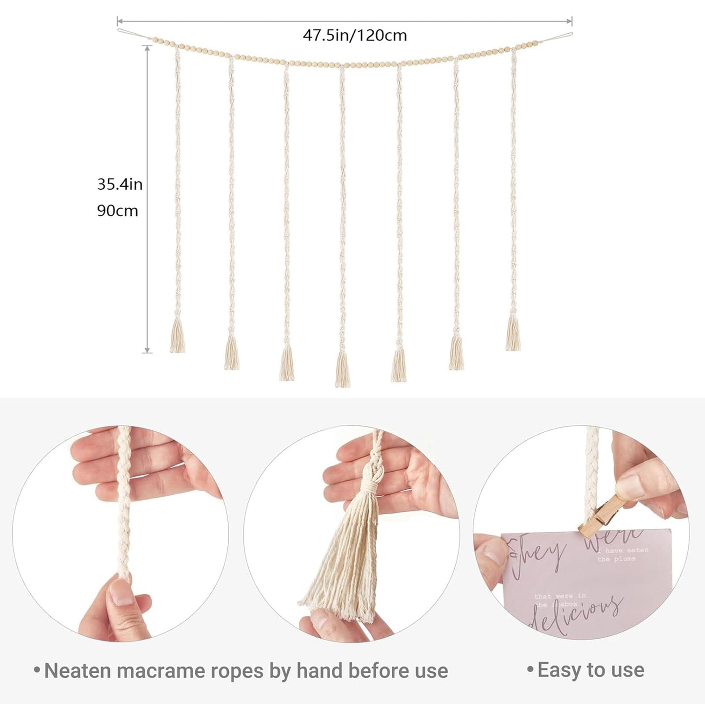 Funvalley Surperfect Macrame Hanging Photo Display Wall Decor with String Lights, Boho Wooden Beads Garland Collage Picture Card Frame Holder with 45 Clips for Bedroom Living Room Dorm