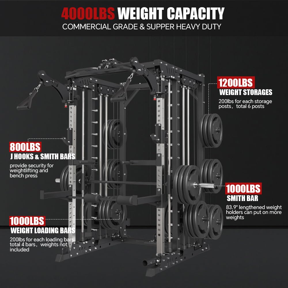 FAGUS H Black Commercial Smith Machine with Smith Bar, 4000LB Power Cage Squat Rack with Lever Arm, Leg Press, LAT Pull Down System, Multi-Function Linear Bearing Cable Crossover Machine for Home Gym