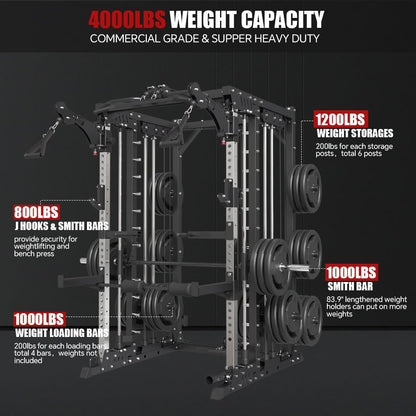 FAGUS H Black Commercial Smith Machine with Smith Bar, 4000LB Power Cage Squat Rack with Lever Arm, Leg Press, LAT Pull Down System, Multi-Function Linear Bearing Cable Crossover Machine for Home Gym