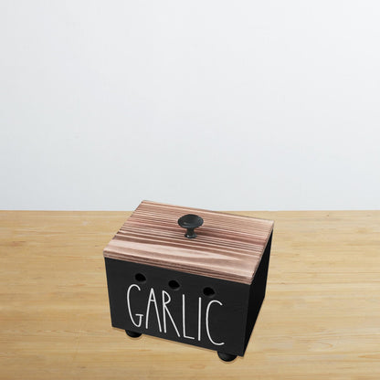 CHONIC Garlic Keeper, Farmhouse Garlic Holder for Counter, Rustic Garlic Container, Wood Garlic Storage Box, Garlic Organizer Bin, Garlic Saver for Kitchen Countertop(Black)
