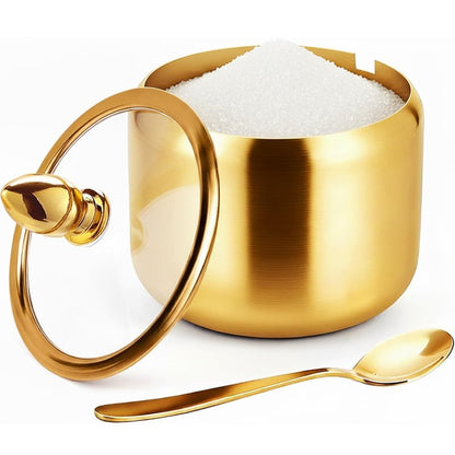 Phininia Coffee Bar Accessories Sugar Container with Glass Lid and Spoon, 10oz Gold Sugar Bowl for Kitchen Storage, Sugar Jar for Salt, Candy, Coffee Bean, Gold