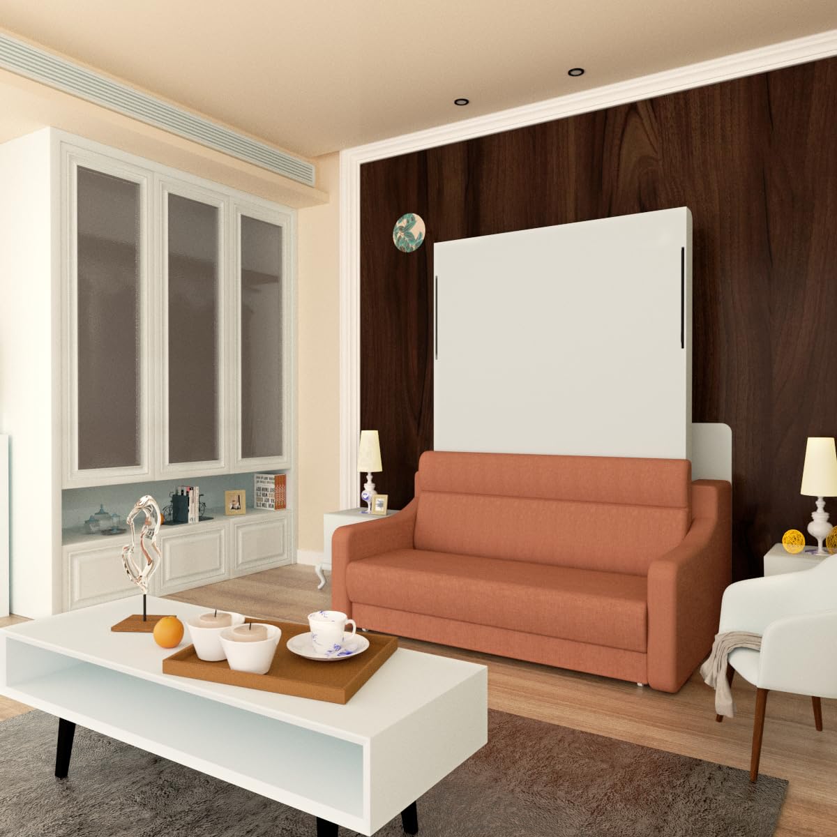Ball & Cast Murphy Bed Full Size,Cabinet Wall Bed with Sofa,Space-Saving Hideaway w/Hidden Storage Space Gas Struts,Wood Multifunction Furniture for Small Bedroom,Orange