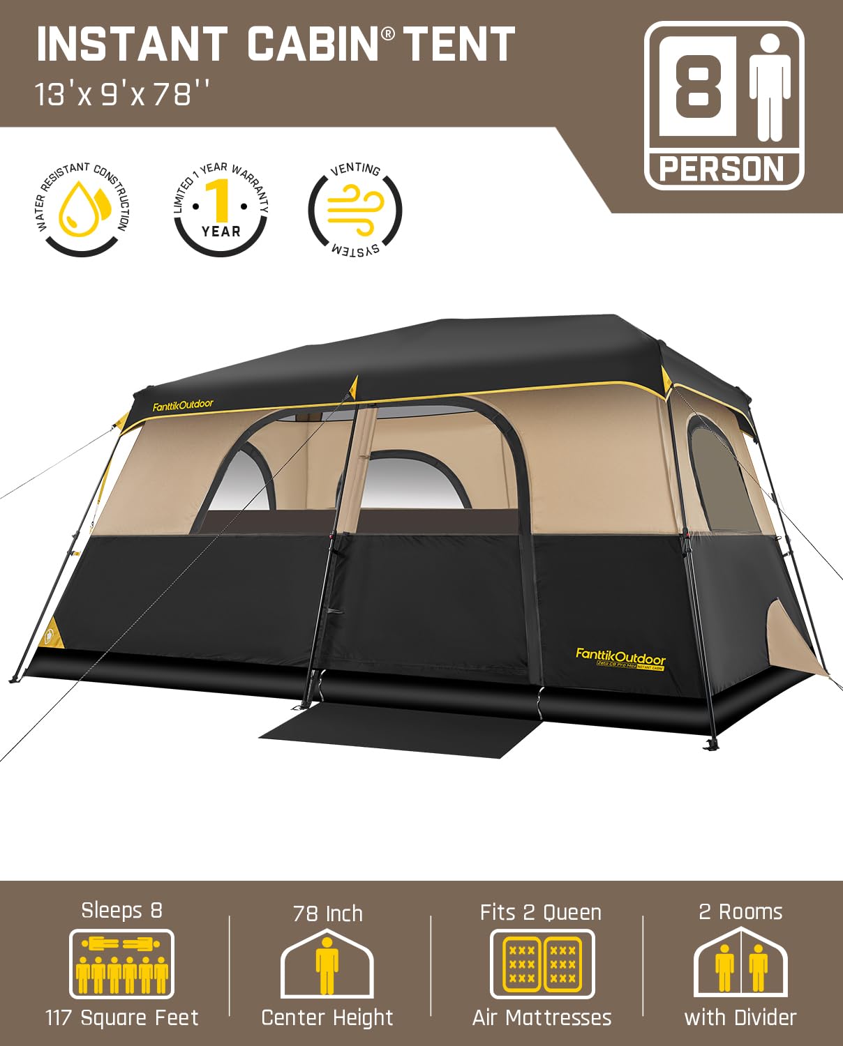 FanttikOutdoor Zeta C8 Pro Max Instant Cabin Tent 8 Person Camping Tent Setup in 60 Seconds with Rainfly & Windproof Portable with Carry Bag for Family Camping & Hiking, Upgraded Ventilation, Khaki