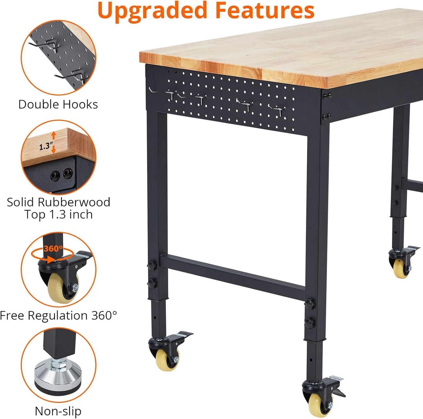 Adjustable Height Workbench 72" x 25" Worktable - Heavy Duty Rubber Wood Top, Mobile Workstation with Power Outlets & Wheels, 2000 Lbs Load Capacity - Ideal for Garage & Workshop, Hardwood Workbench