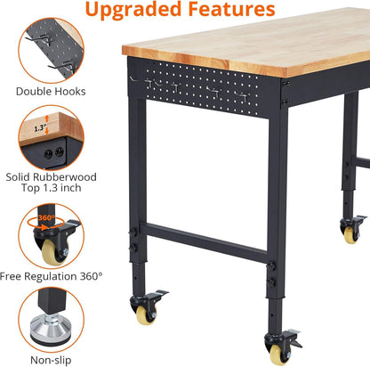 Adjustable Height Workbench 72" x 25" Worktable - Heavy Duty Rubber Wood Top, Mobile Workstation with Power Outlets & Wheels, 2000 Lbs Load Capacity - Ideal for Garage & Workshop, Hardwood Workbench