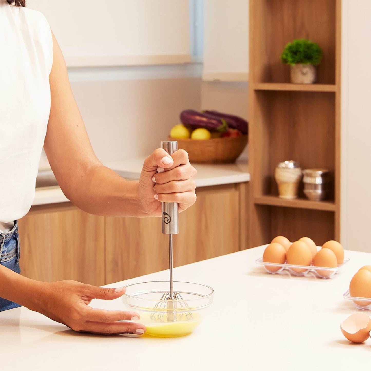 Stainless Steel Egg Beater - Easy to Use Semi-automatic Push-Down Zip Whisker - Rotary Hand Mixer for Beating Eggs, Frothing Milk, Blending, Mixing - Hand Whisk - 2 Pack (12 &14 Inch)