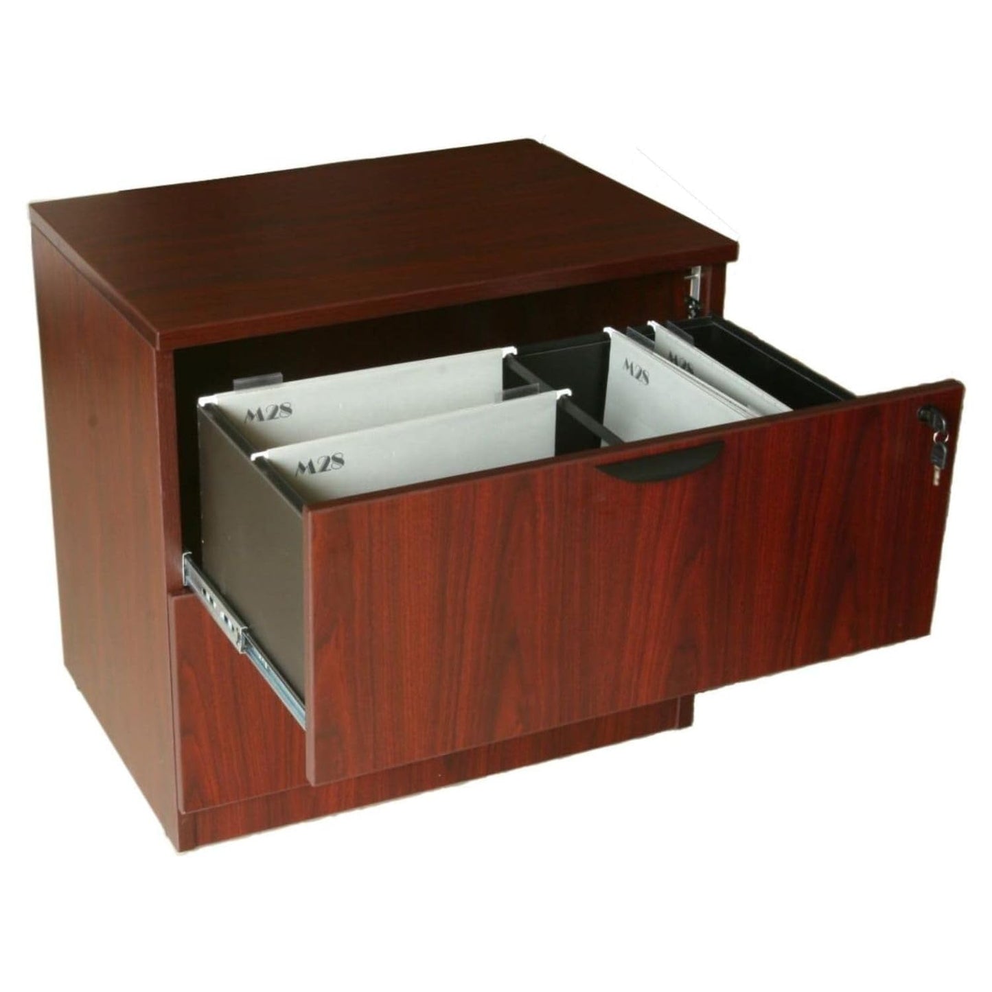 Oakestry Two Drawer Lateral File Cabinet Mahogany Wood Finish Durable Storage Organizer Metal Rails Lockable Filing Drawers Home Office Furniture Classic Executive Style Space Saving Document Solution